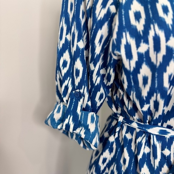Anthropologie Maeve Ikat Belted Button Up Blue and White Dress (S) - Picture 4 of 9